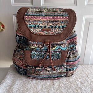 Sakroots Flap Backpack - Aqua One World boho print peace multi pocket bag